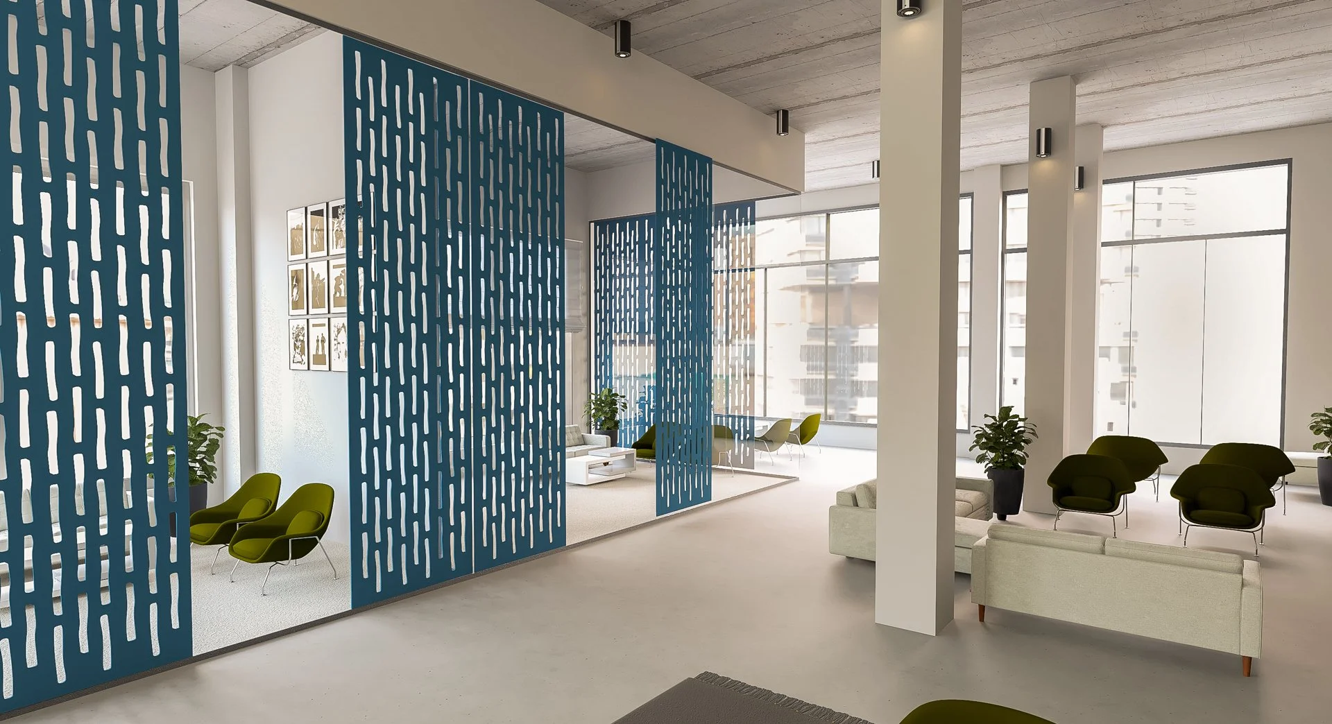 Modern office waiting area with green chairs, plants, large windows, and decorative blue screens.