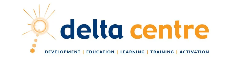 Logo of Delta Centre with a stylized sun and dotted line, including words 'delta' in blue and 'centre' in orange, and the words 'Development, Education, Learning, Training, Activation' underneath.