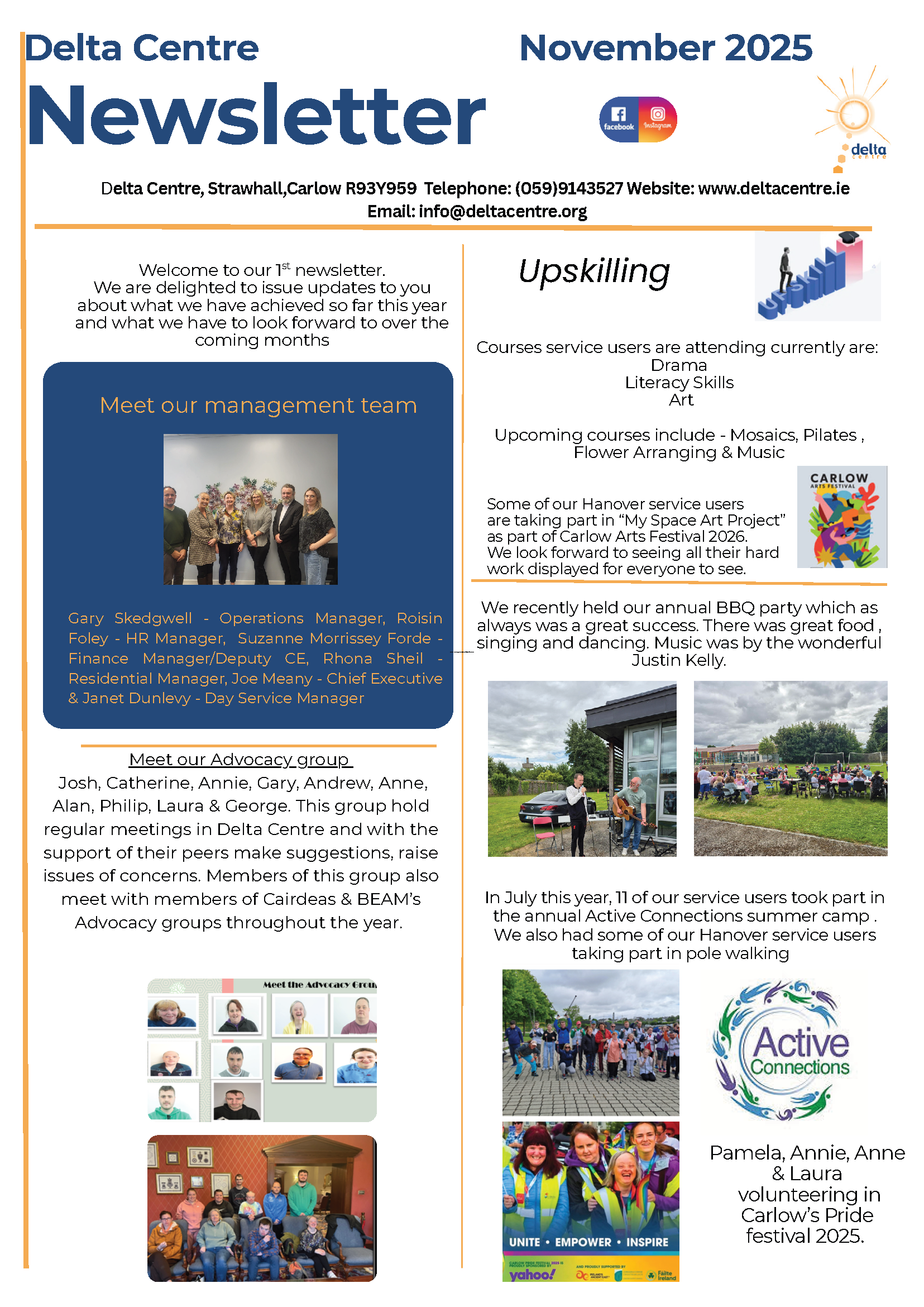 November 2025 newsletter from Delta Centre featuring updates on management team, advocacy group, courses, and community activities including BBQ, art project, summer camp, and pride festival volunteering, with photos of staff and community events.