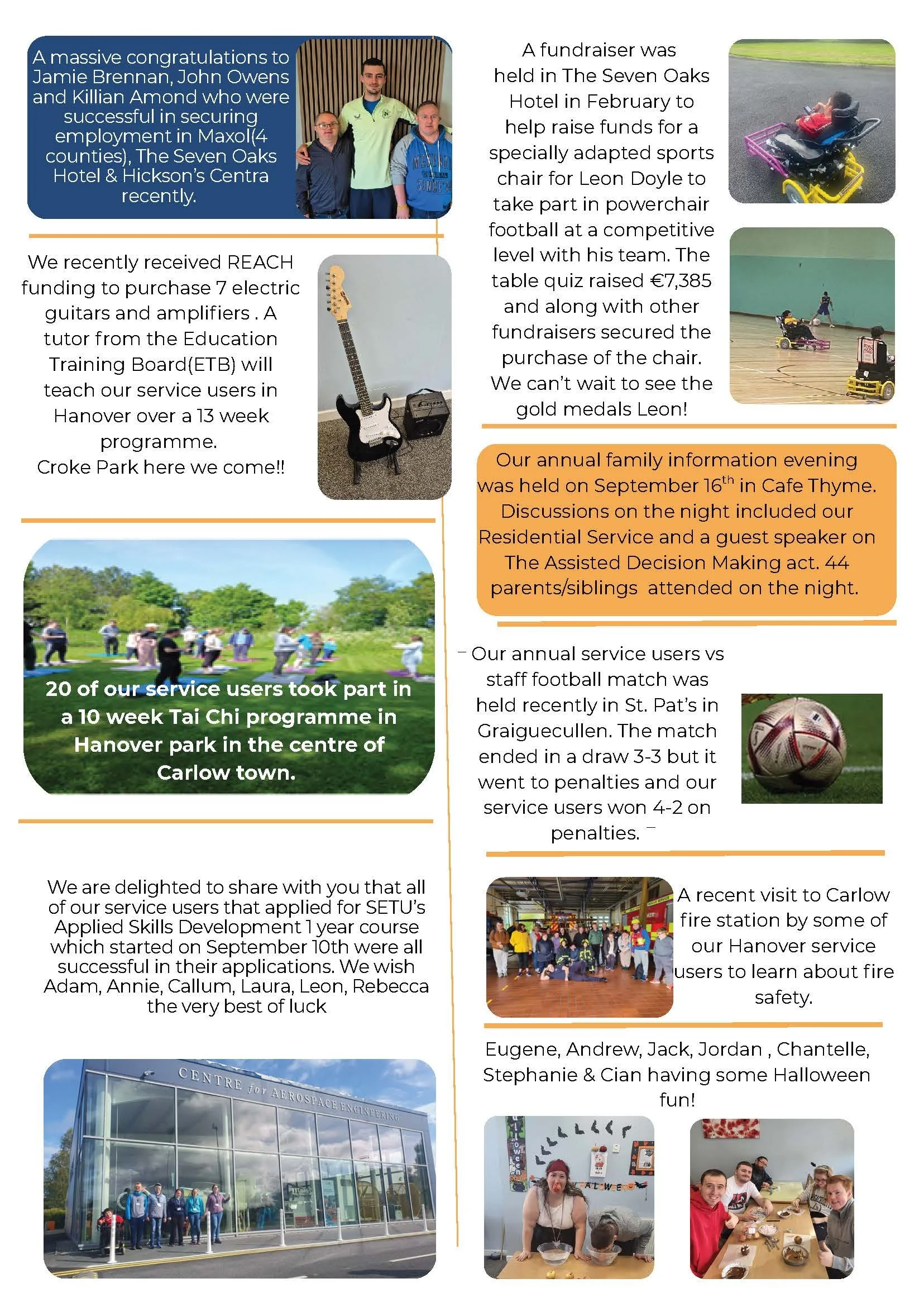 A colorful newsletter with multiple sections depicting community activities, fundraising events, sports, and group photos, including people at outdoor and indoor gatherings, with images of musical instruments, sports gear, and children playing.