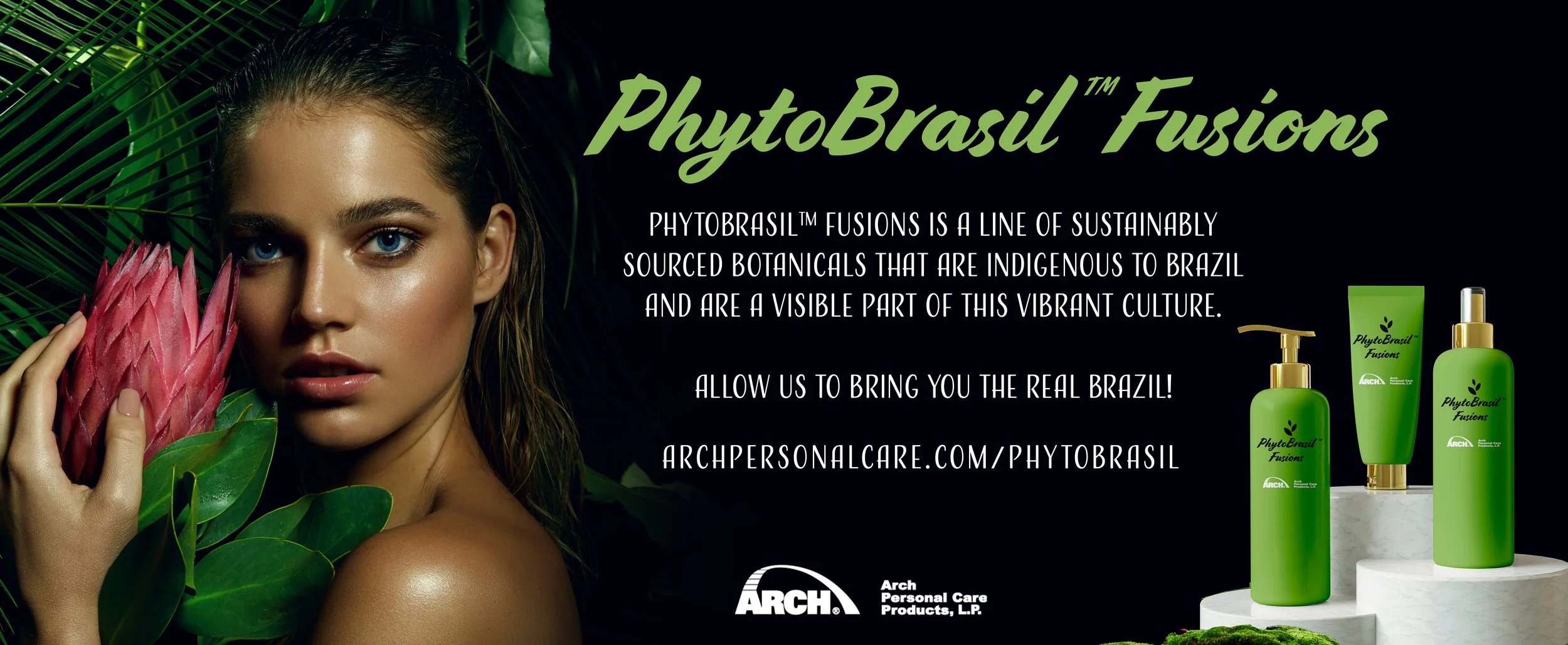 Advertisement for PhytoBrasil™ Fusions featuring a woman with blue eyes holding a pink tropical flower, green foliage, and three green skincare products with gold accents on a white marble platform. The background is dark and includes green text desc