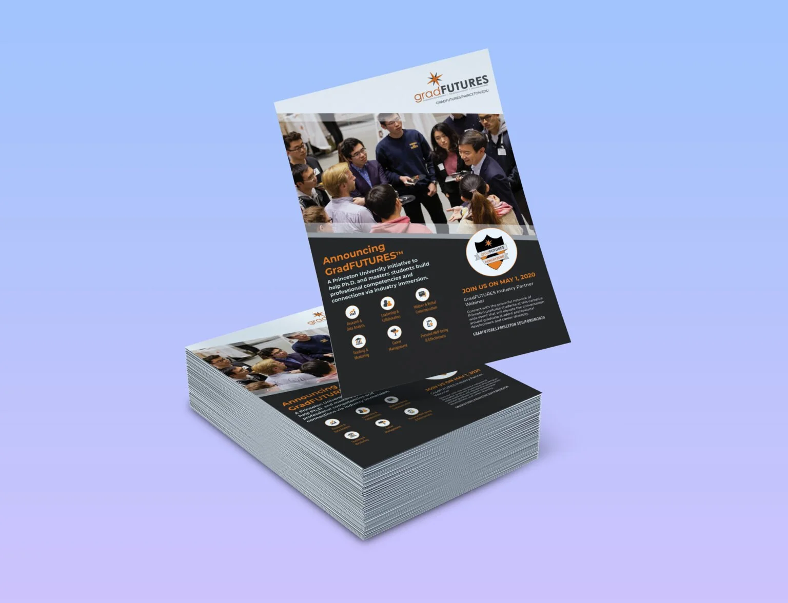 Flyer for GradFUTURES announcing an event on May 1, 2020, with a group of young professionals and students in conversation, featuring university branding and event details.