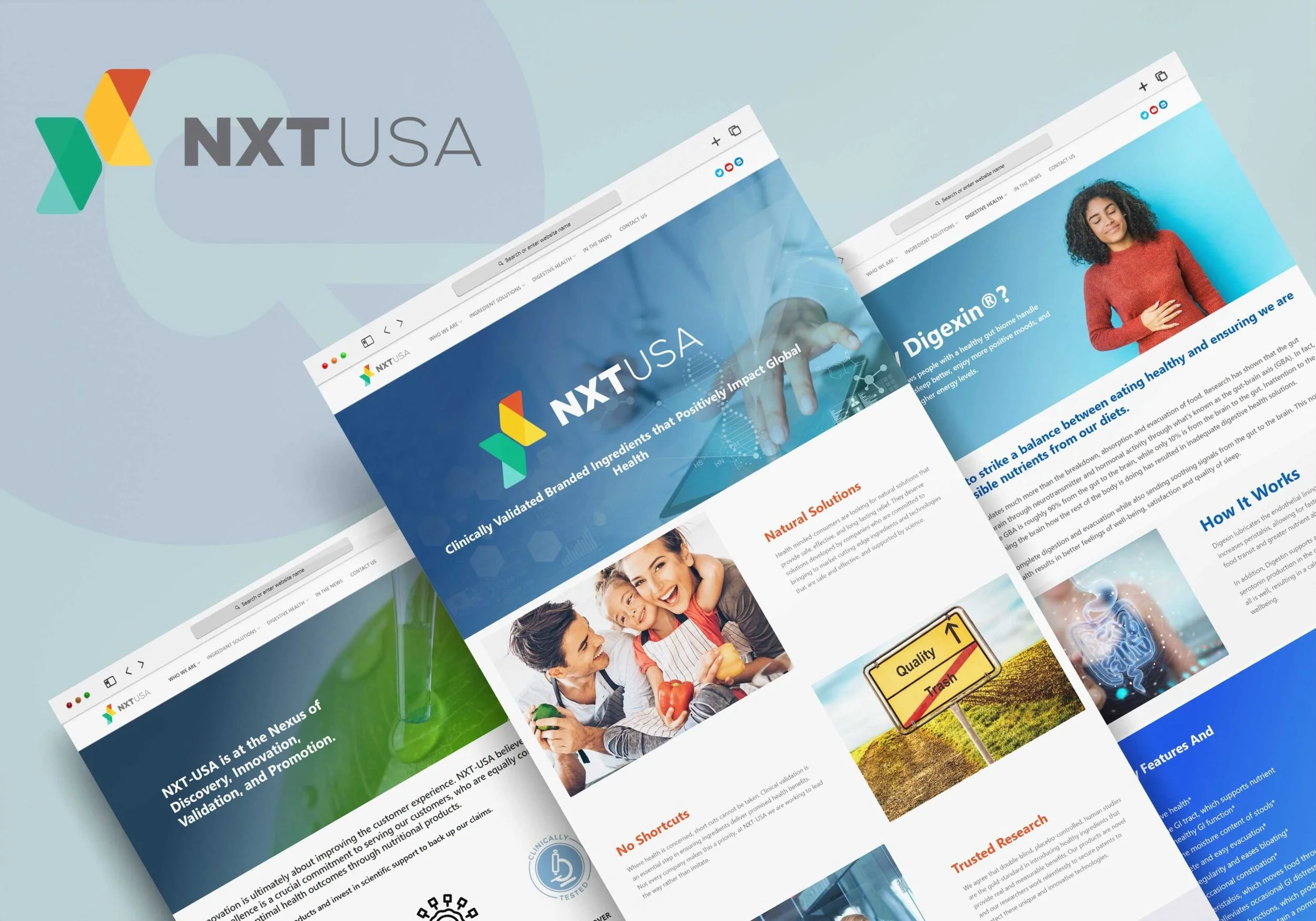 Three overlapping web pages of NXT USA company website displayed on screen, with the company logo and various health-related images and text visible.