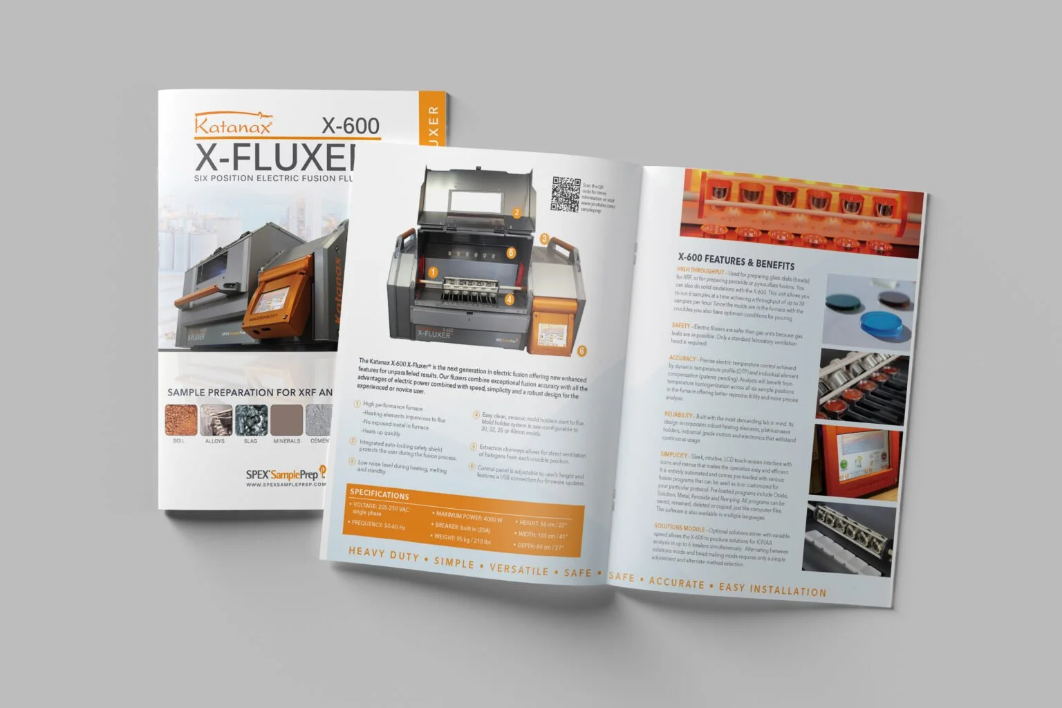 Open brochure featuring the Katanax X-600 X-FLUXER electric fusion furnace, with images and specifications, including features, benefits, and technical details.