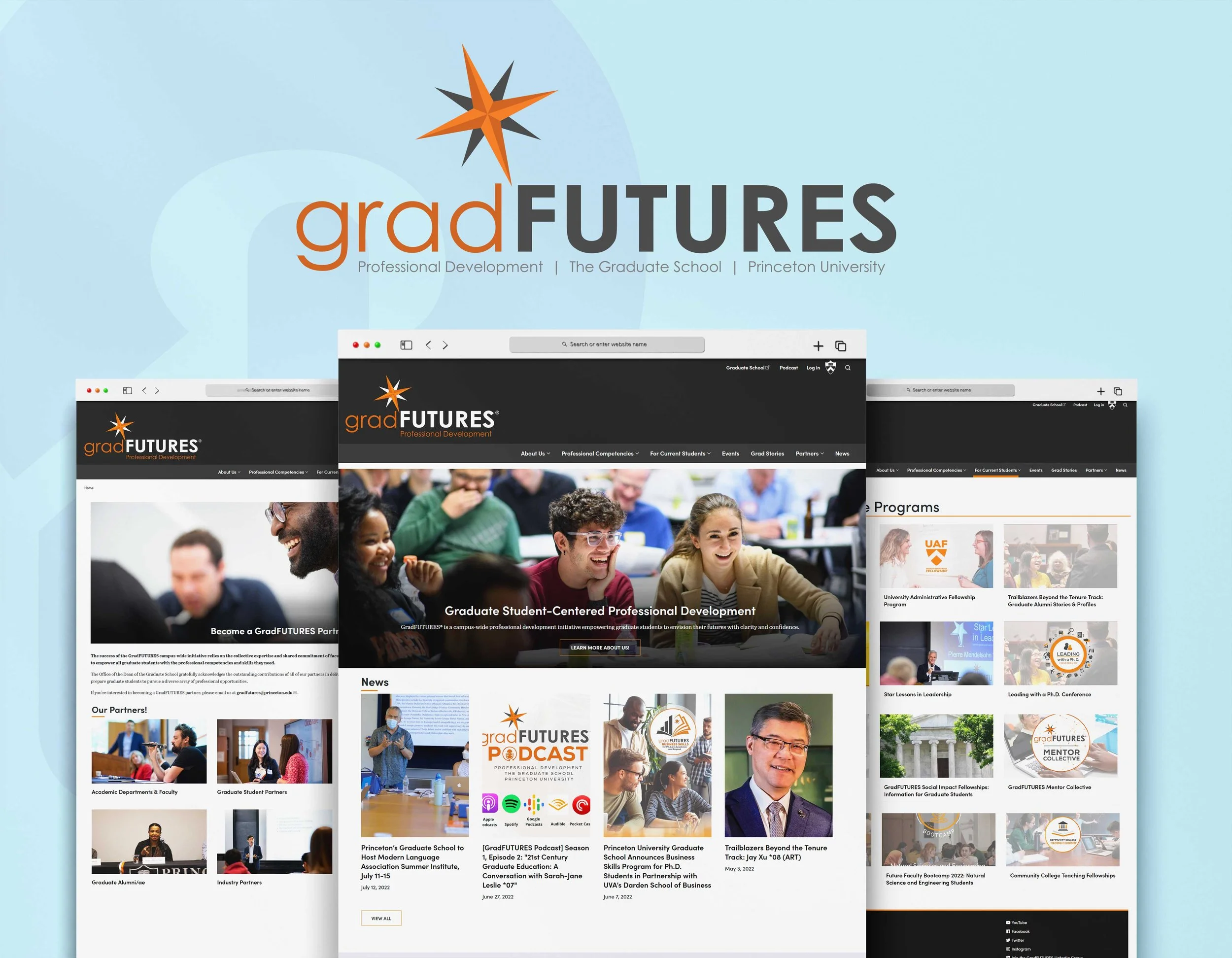 Website homepage for gradFUTURES at Princeton University, featuring sections on graduate student professional development, events, stories, partners, news, and programs, with images of students and faculty.
