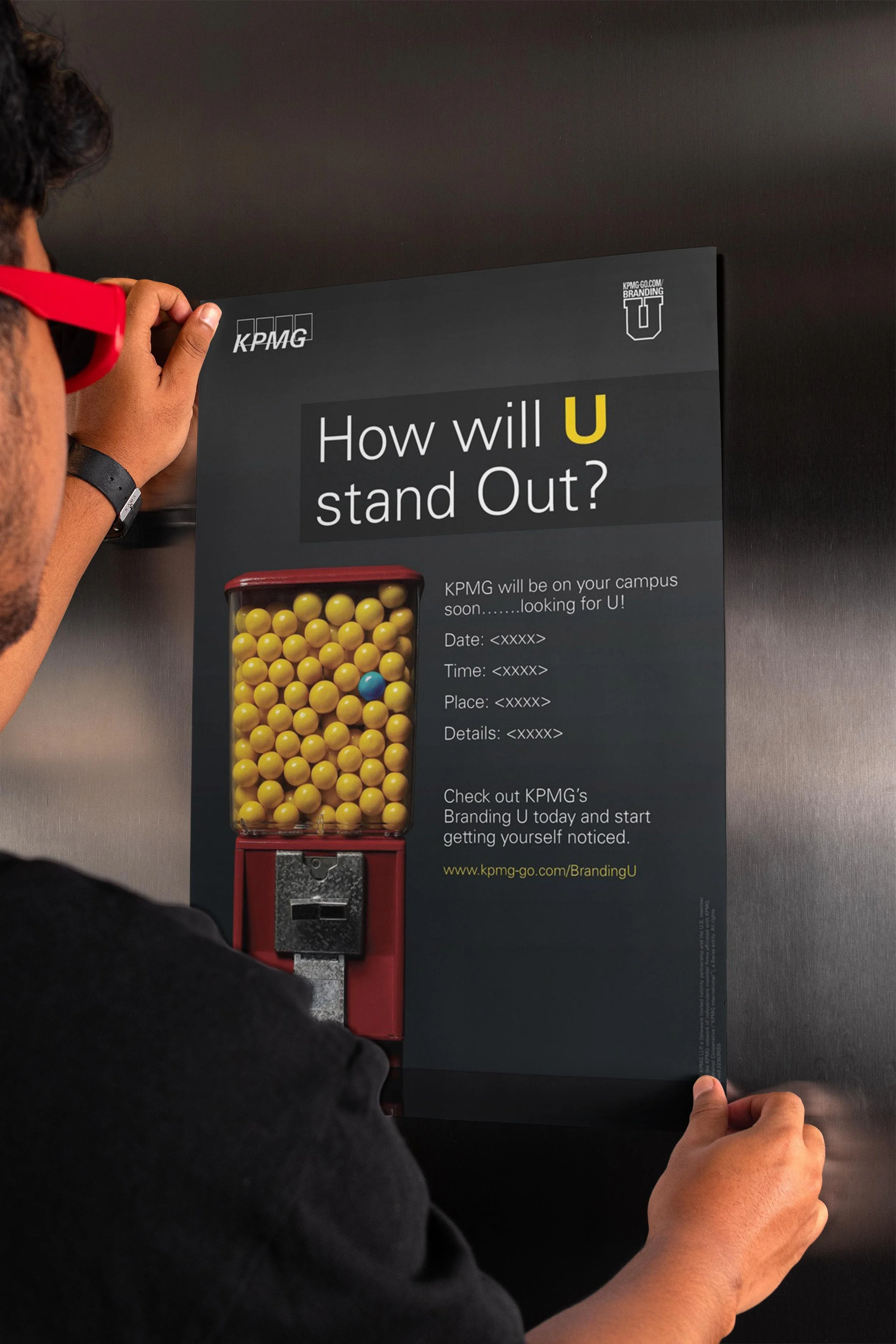 Poster created for KPMG college recruiting that says "How will you stand out"
