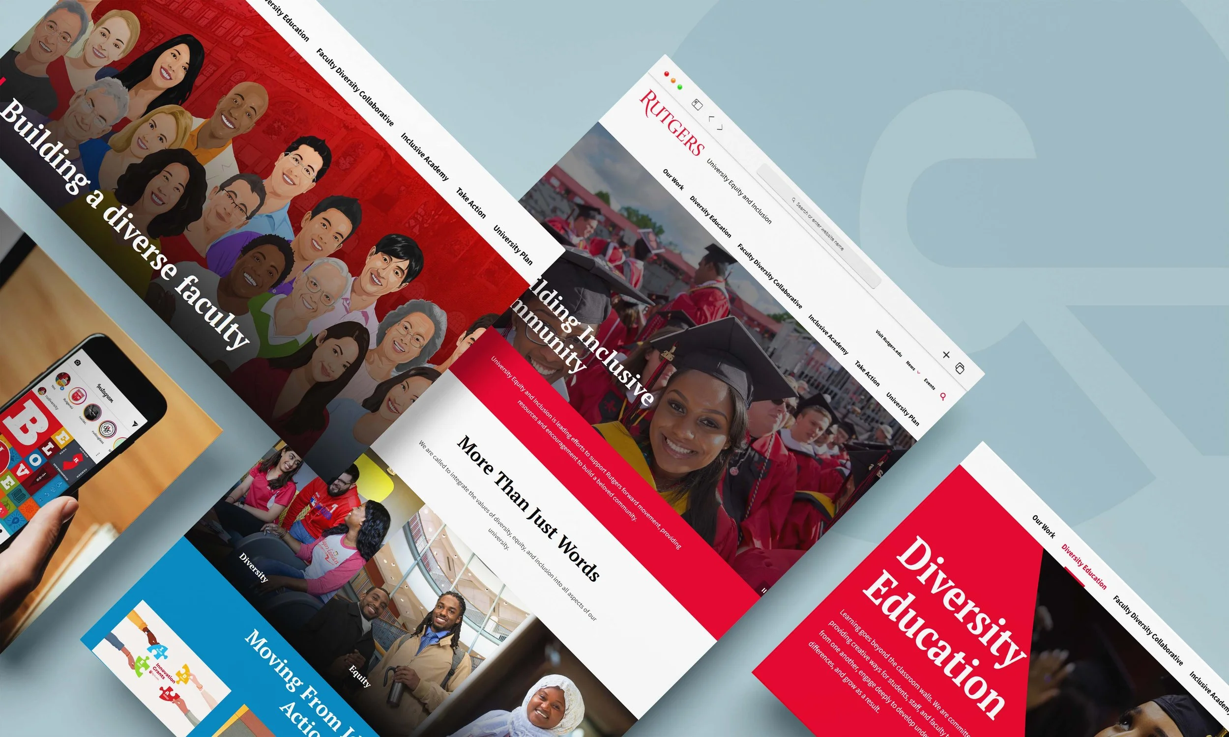Collage of Rutgers University Diversity and Inclusion webpages featuring group photos of students and faculty, with a smartphone displaying app icons and someone holding it.