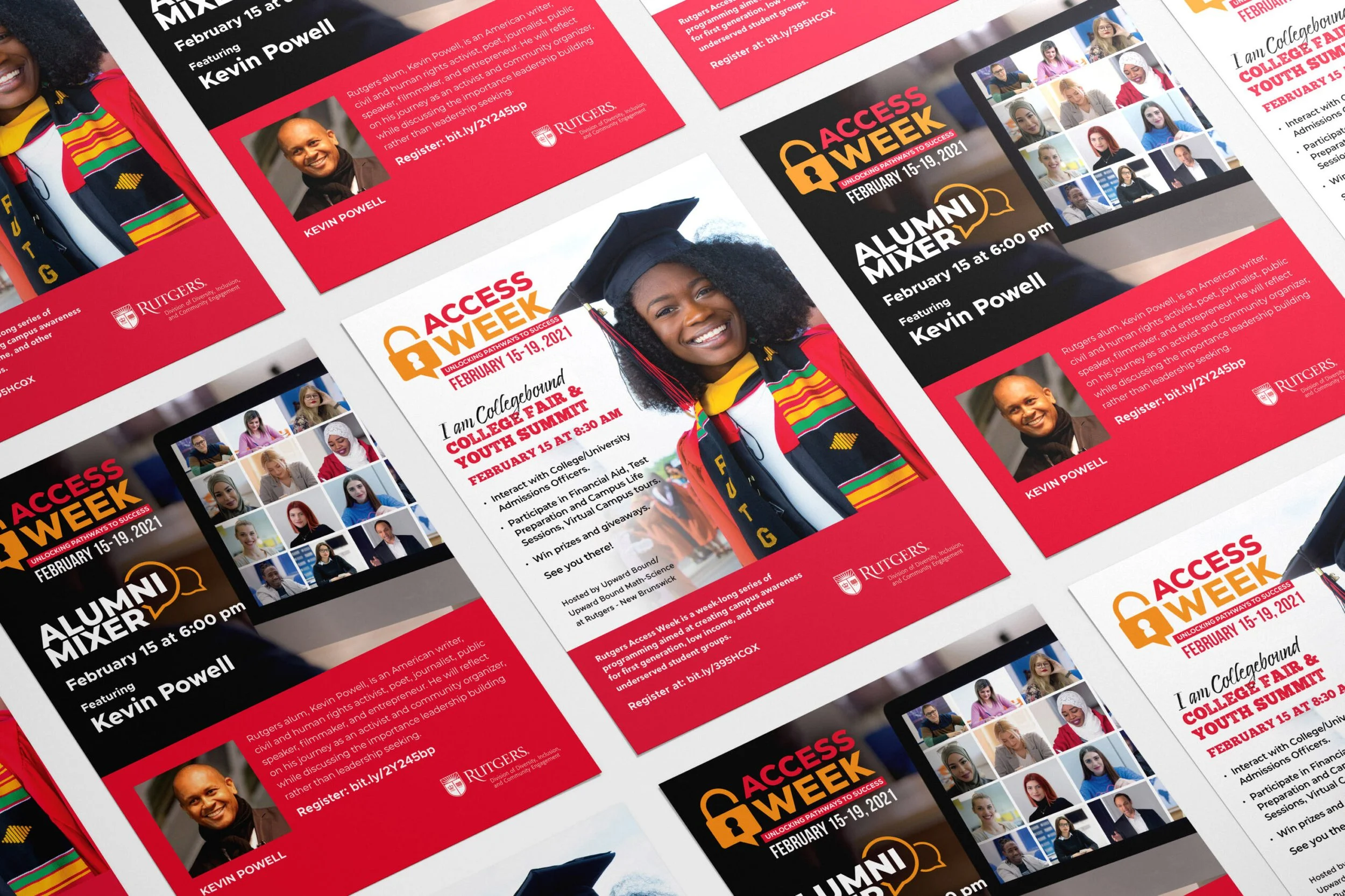 Collection of flyers for Rutgers Access Week, featuring events with Kevin Powell, including an alumni mixer on February 15th at 6:00 pm and a college-bound youth summit on February 15th at 8:30 am, with images of Kevin Powell and diverse young people