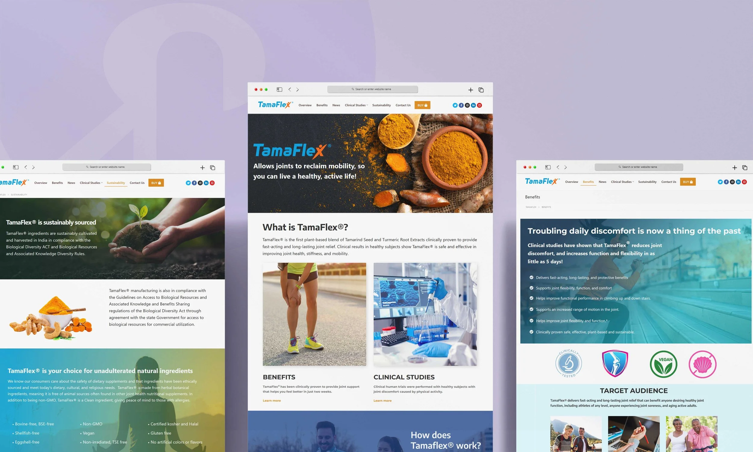 Three overlapping screenshots of a website for Tamaflex, a dietary supplement product, with sections on sustainability, benefits, and clinical studies, featuring images of turmeric, a person with knee pain, and laboratory research.