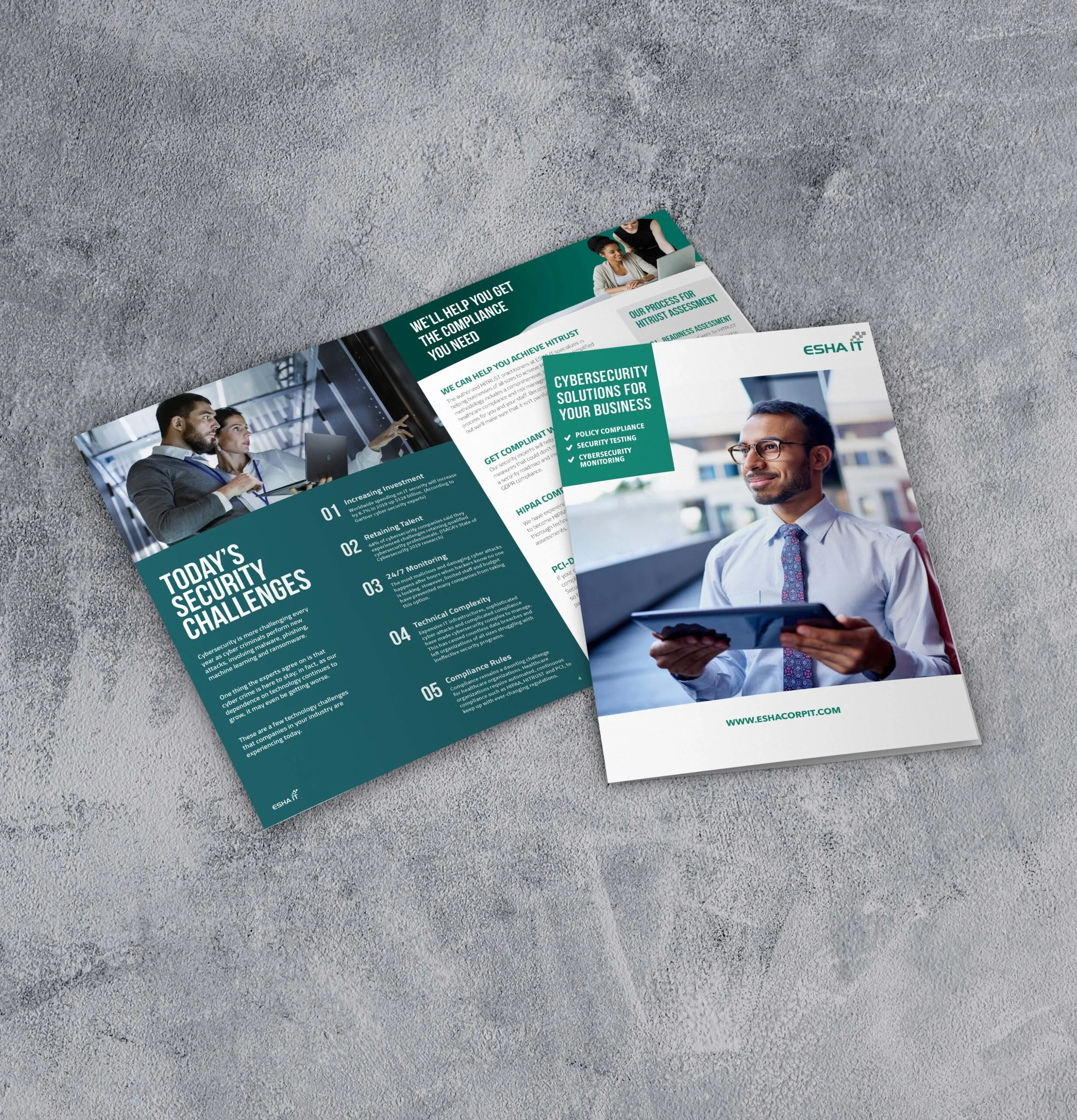 Brochure with a man wearing glasses and a tie, holding a tablet, on the front cover. Inside pages detail cybersecurity solutions for businesses, challenges, and compliance details.