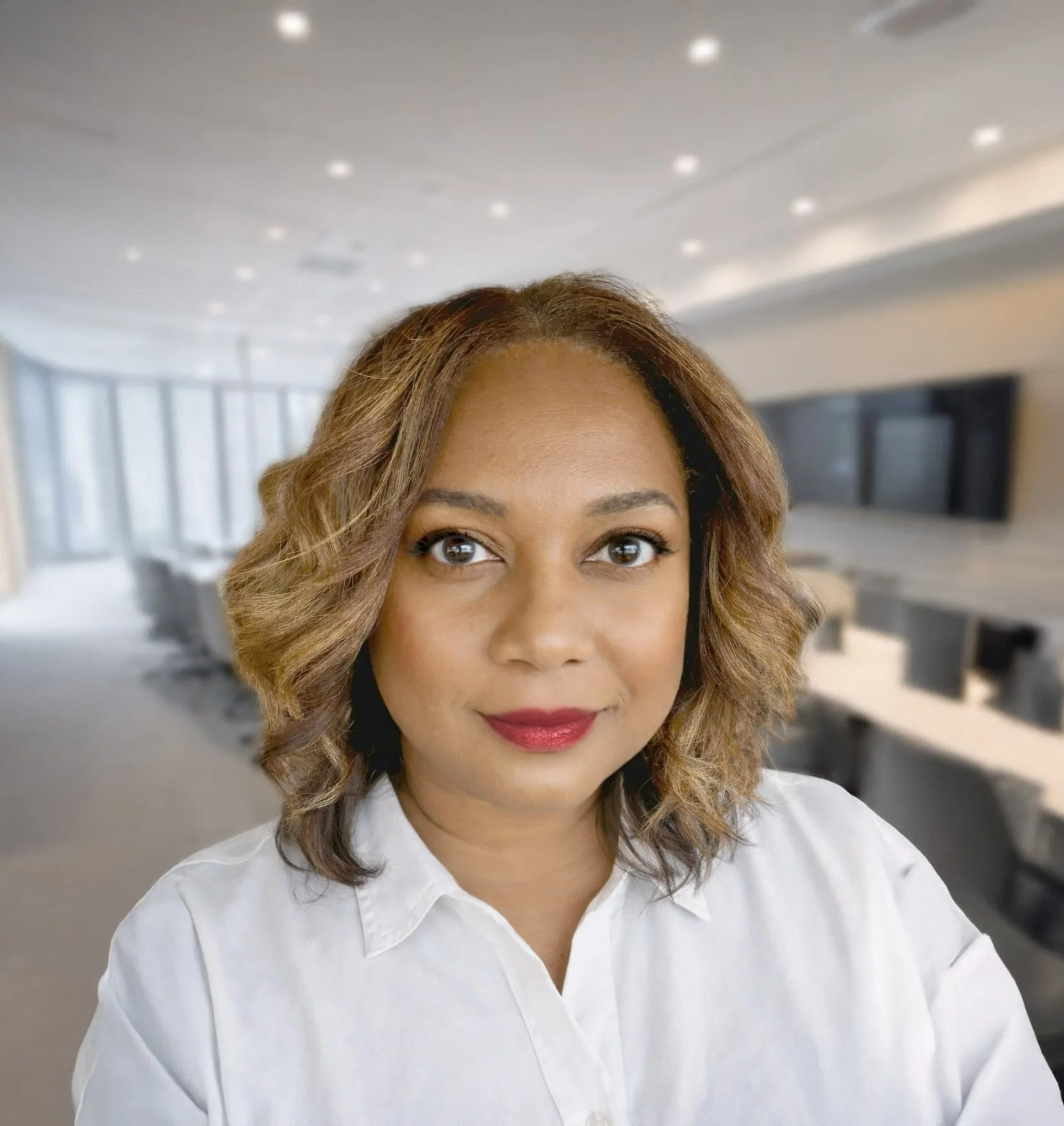 This is Francine Henry - A pretty black woman with shoulder-length wavy hair, wearing a white shirt, smiling in a modern, well-lit office or conference room.