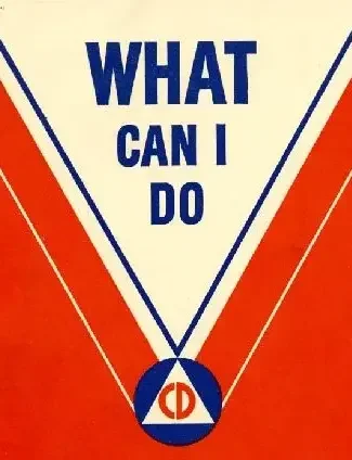 A vintage poster with the words 'What Can I Do' in bold blue letters and a circular logo at the bottom featuring the letters 'CD'.