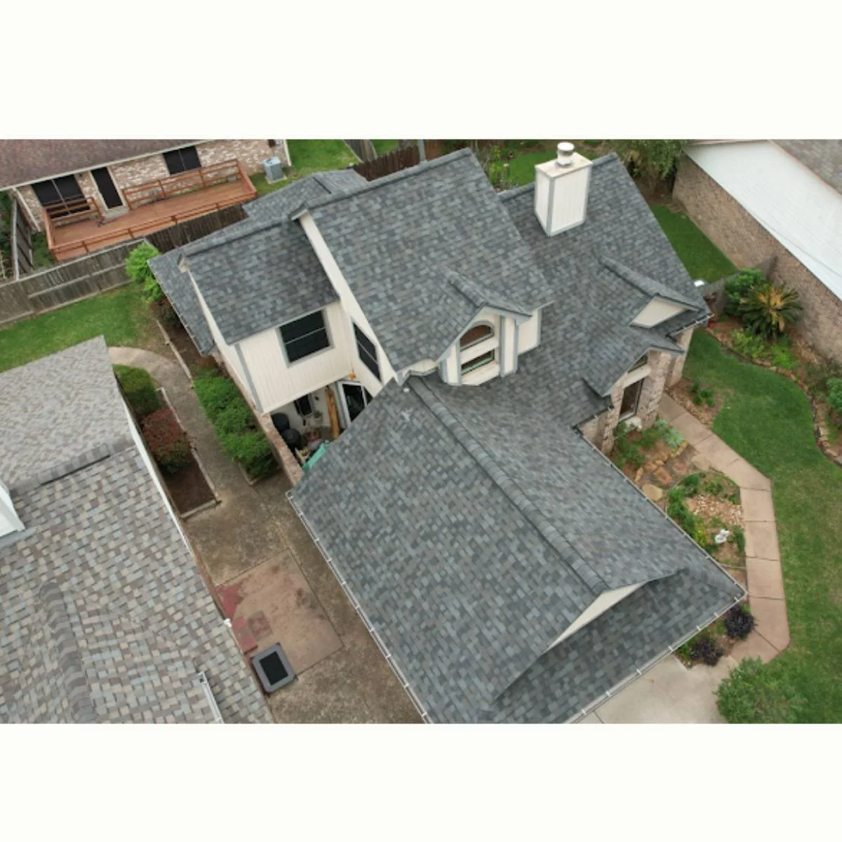 A completed roof repair project in the Houston area