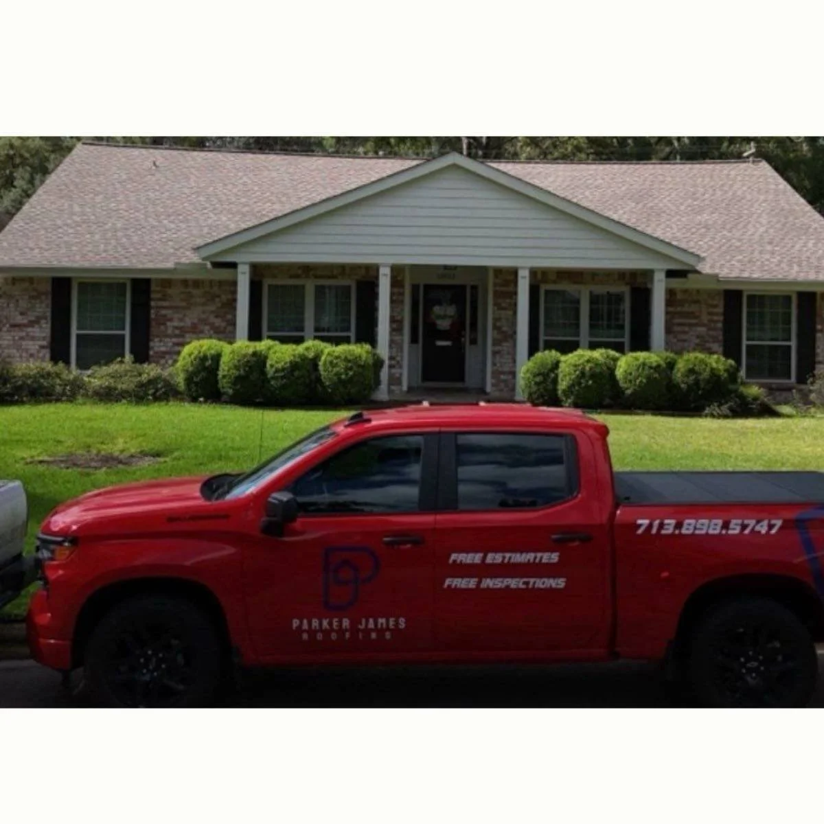 Parker James Roofing Service truck in front of a Houston home