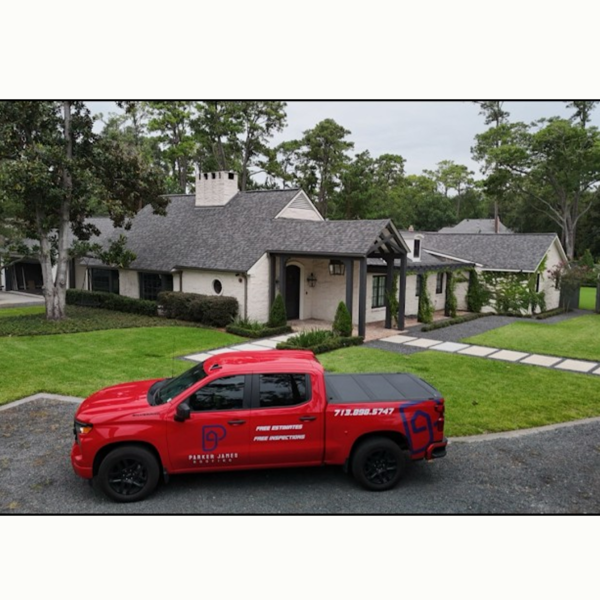 Parker James Truck in front of Roofing job in Sugar Land