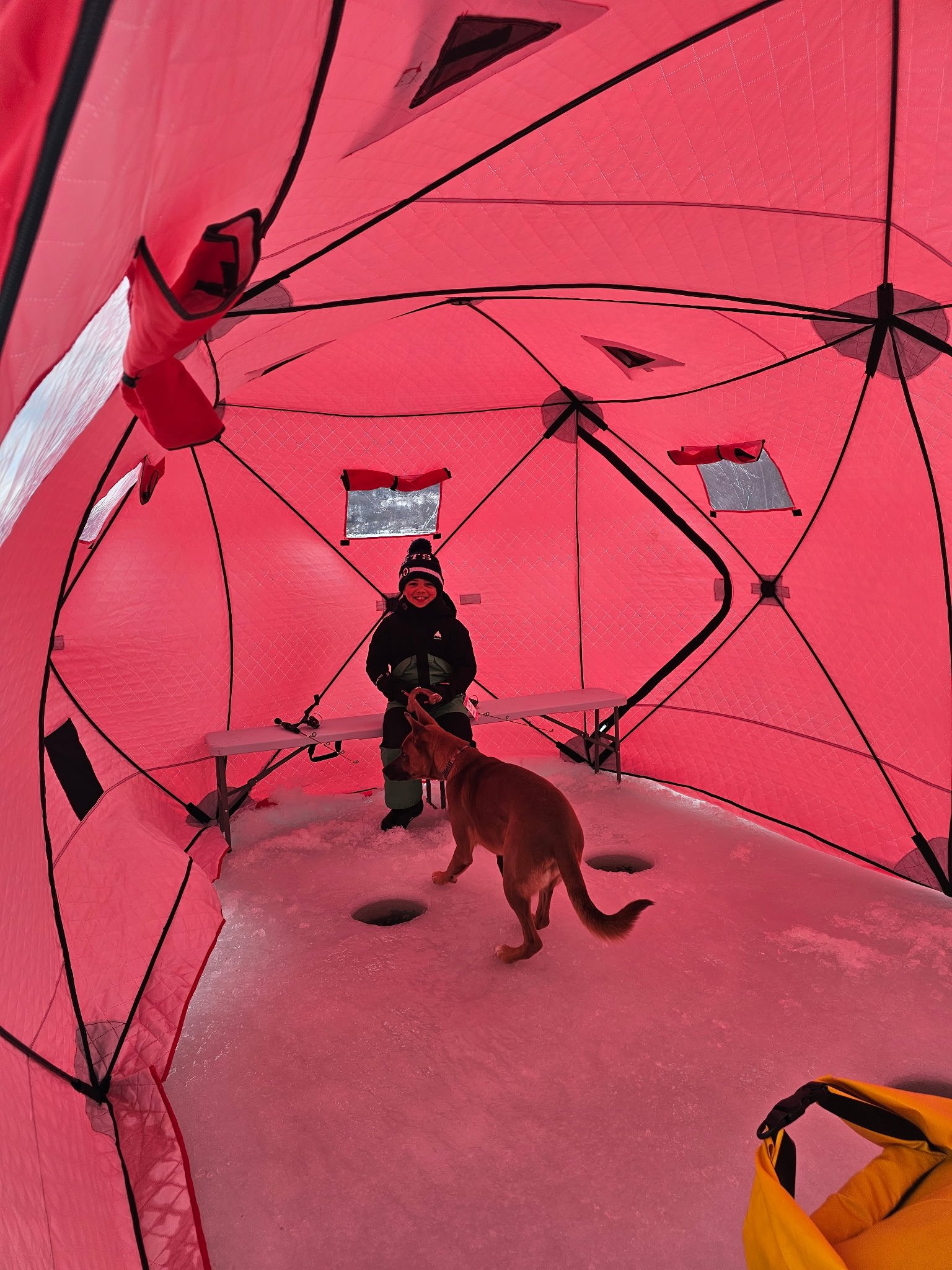A child and a dog inside a pink insulated tent set up on snow. The child is dressed warmly in winter gear and smiling at the camera, while the dog is facing away.