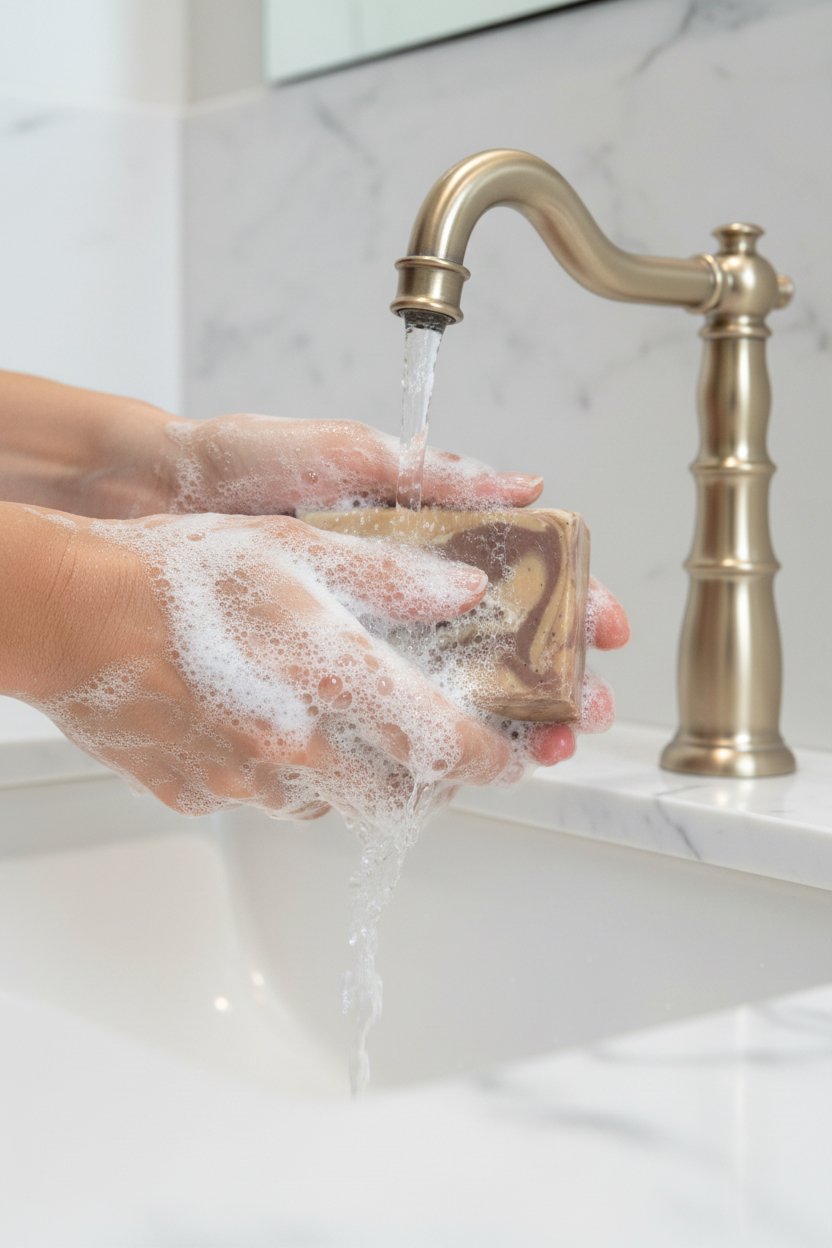 The Reason Radiant Red Maple beer soap bar being used at sink