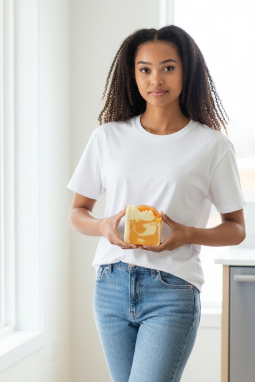 Overflow Satsuma Orange beer soap bar in hand