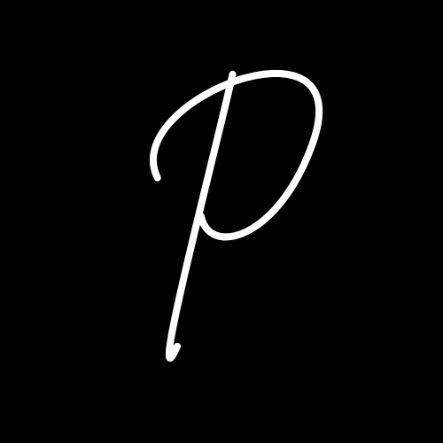 White cursive letter 'P' on black background.