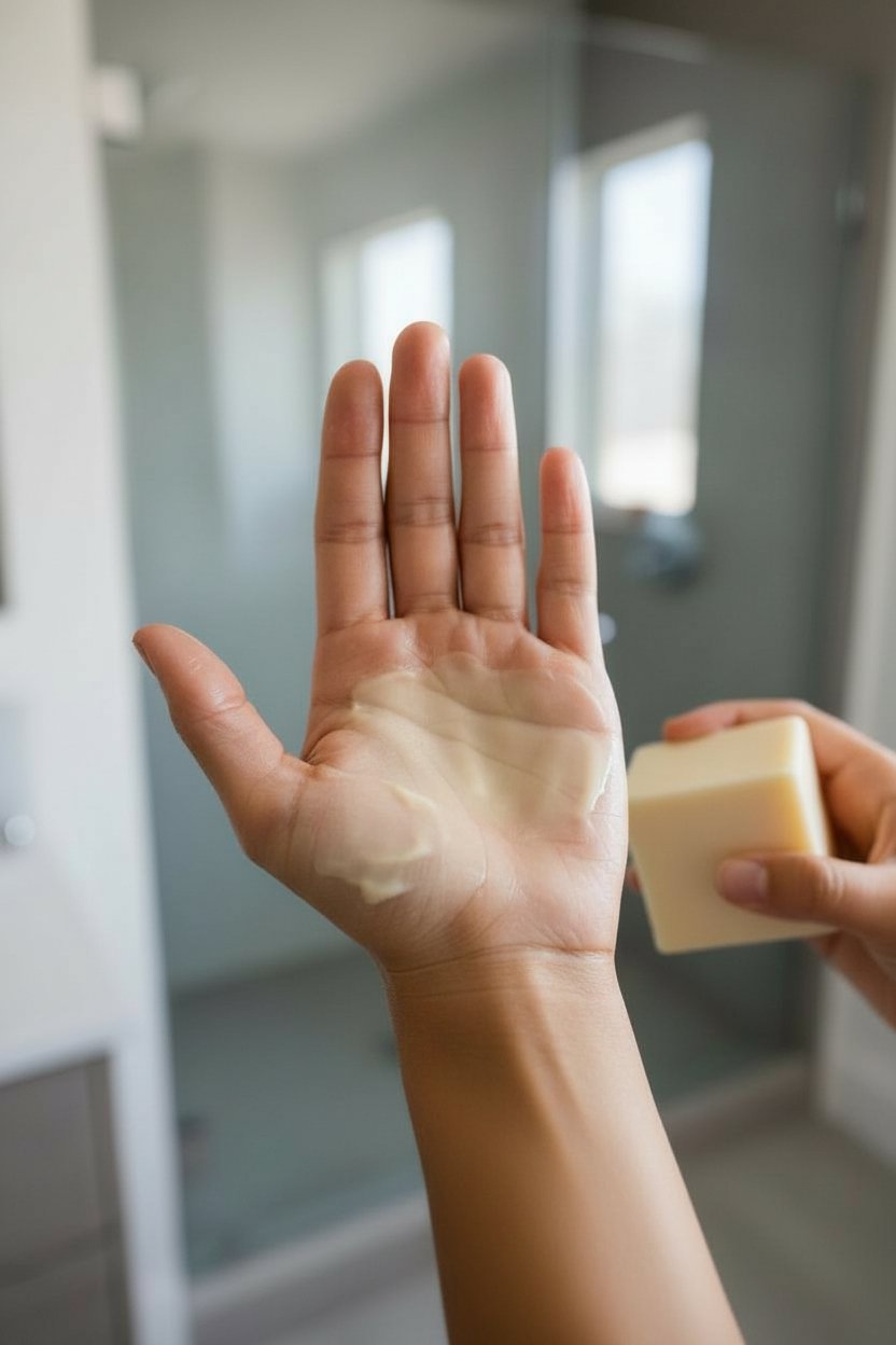 Solid Lotion Bar being used