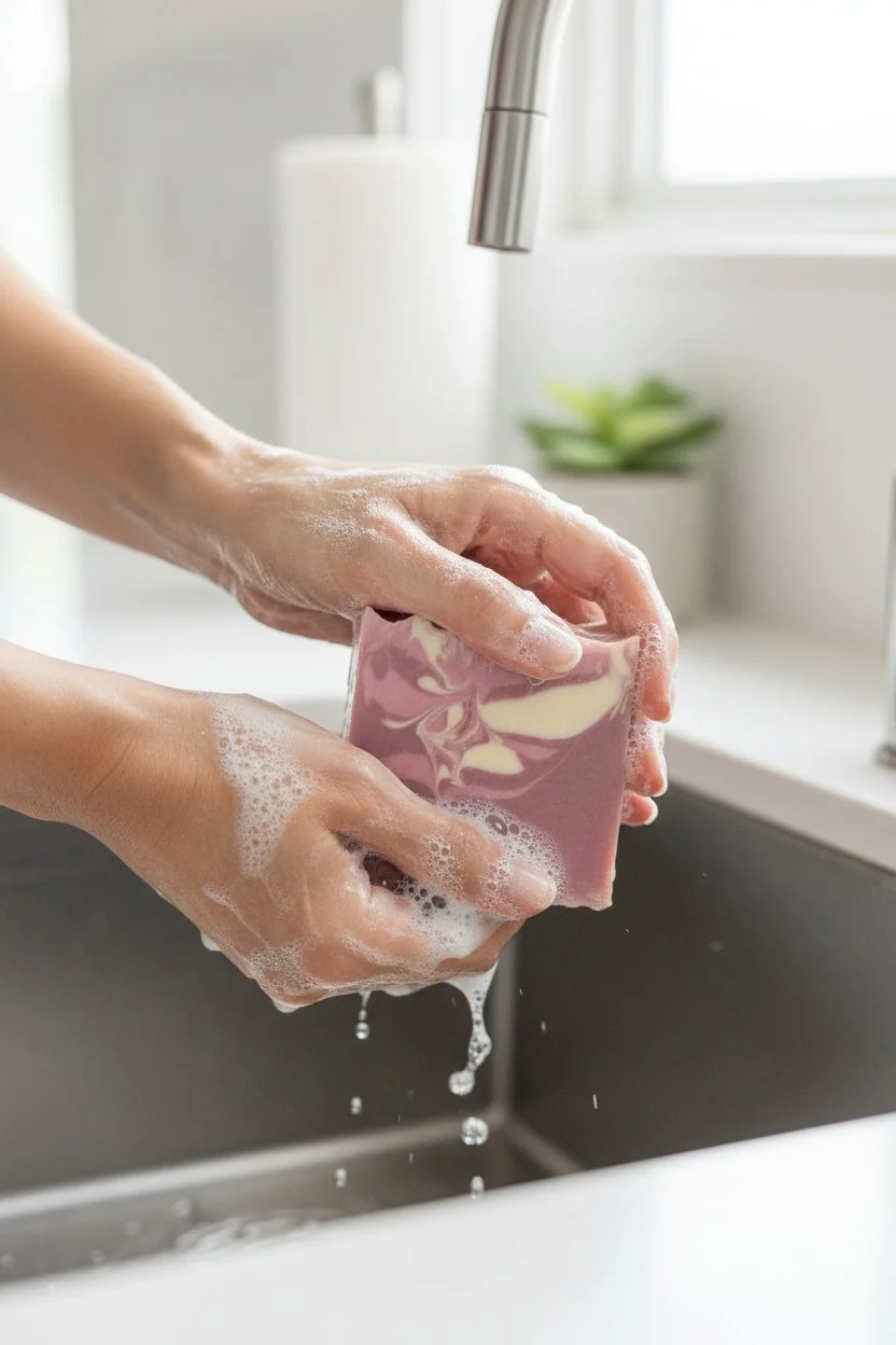 Wilderness Rose Wild Rose beer soap bar being used at sink