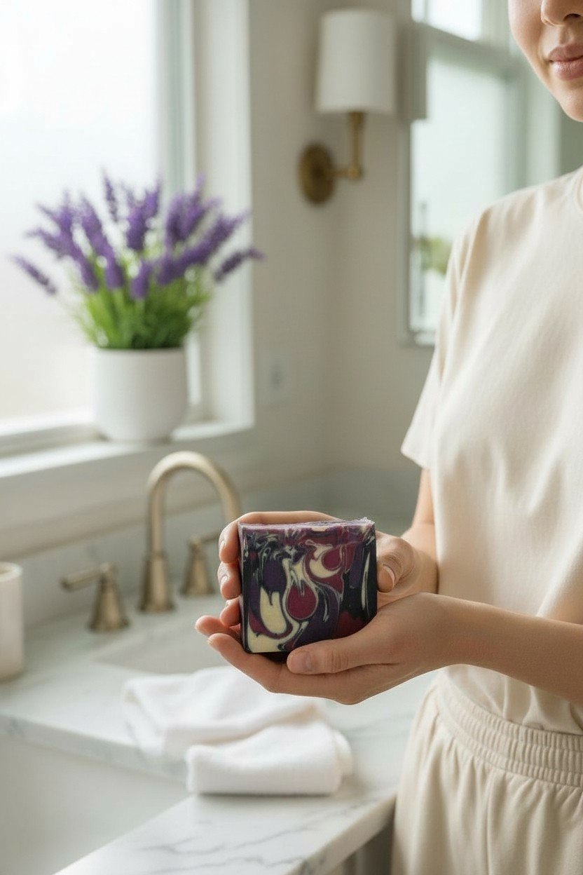 Bethany’s Alabaster Lavender Martini beer soap bar in hand