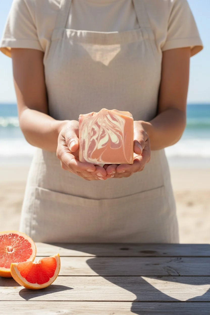 Graceful Pink Grapefruit beer soap bar in hand