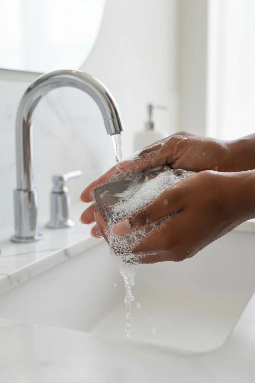 The Truth Cashmere Cream beer soap bar being used at sink