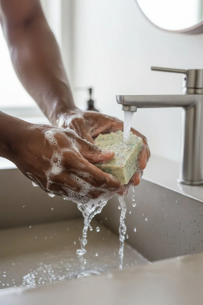 Eternal Reasons Sweet Juicy Pear beer soap bar being used at sink
