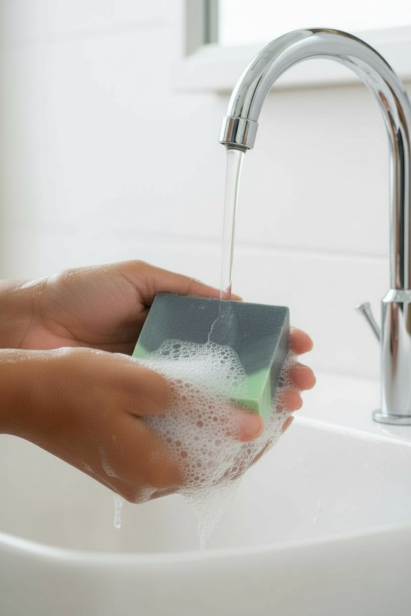 Provider Paradise Cove beer soap bar being used at sink