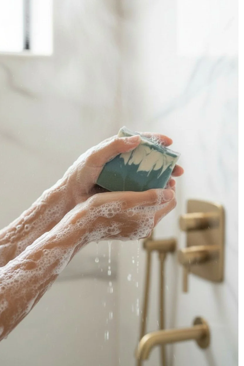 Fuente de Vida Blue Agave beer soap bar being used at sink