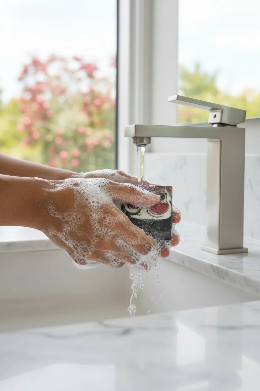 Repentance Apple beer soap bar being used at sink