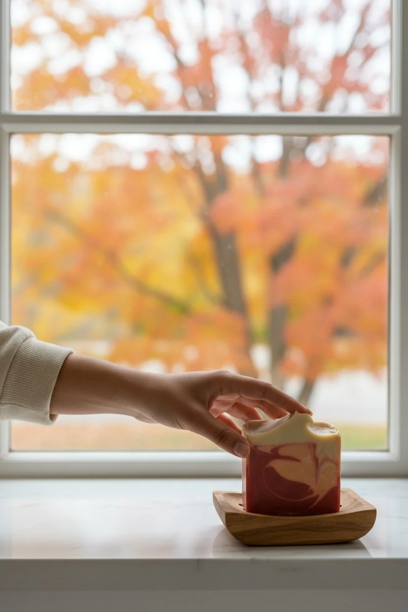 Fall Down, Rise Up Autumn Equinox beer soap bar in hand
