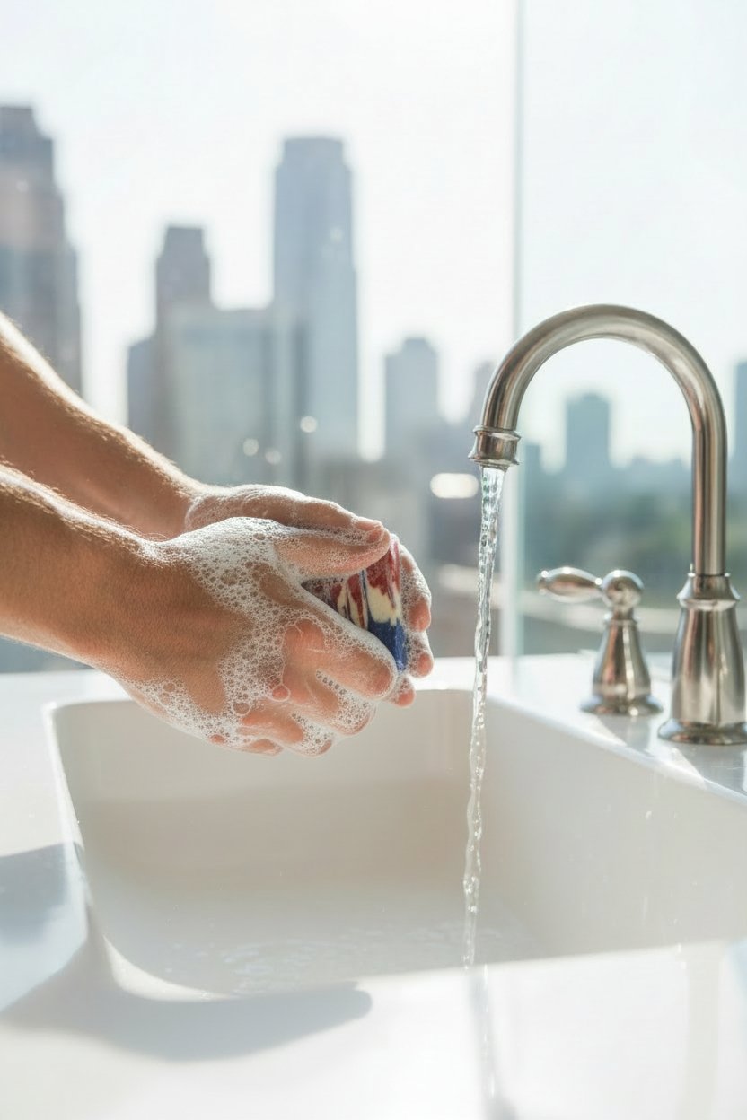 Lone Star Hallelujah Cowboy beer soap bar being used at sink
