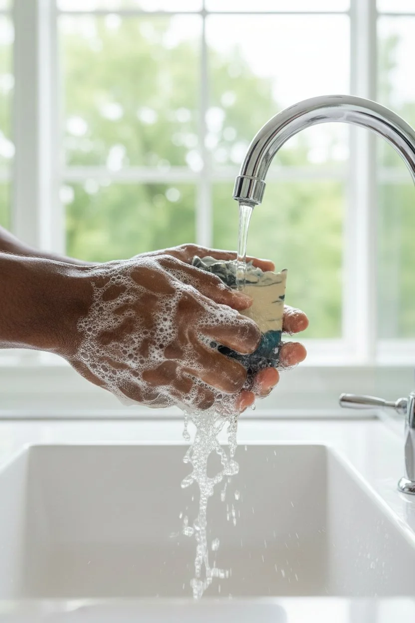 Believe Black Ice beer soap bar being used at sink