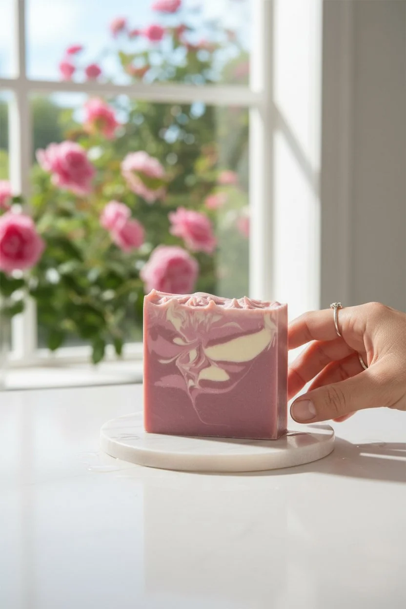 Wilderness Rose Wild Rose beer soap bar on bathroom counter