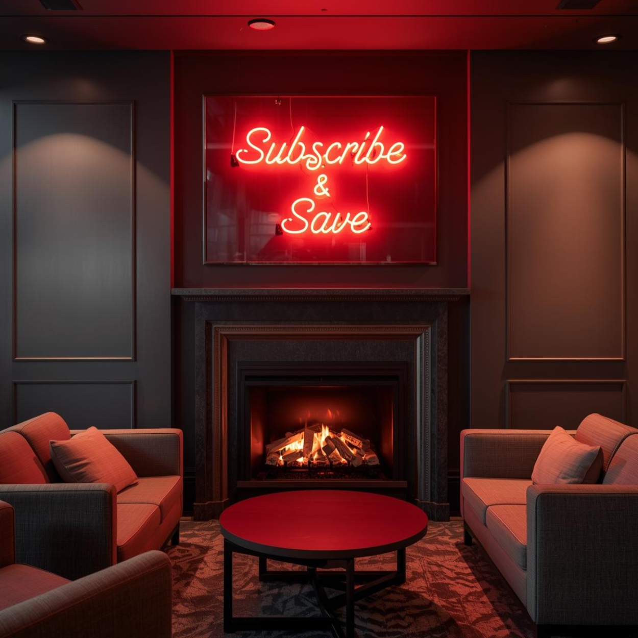 Cozy living room scene with two beige sofas, a black fireplace with a fire, and a neon red sign above the fireplace that reads 'Subscribe & Save'.
