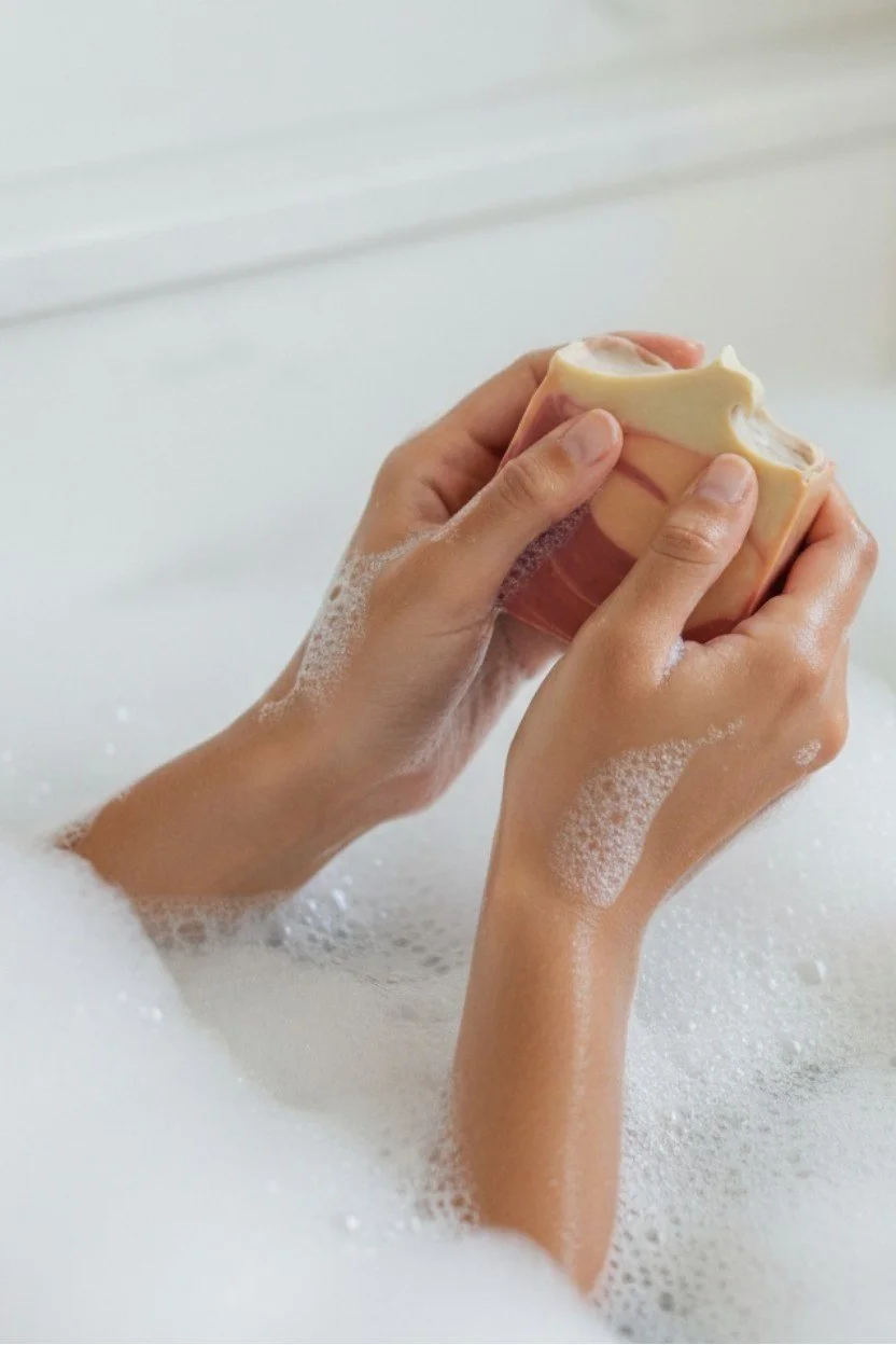 Fall Down, Rise Up Autumn Equinox beer soap bar being used at sink