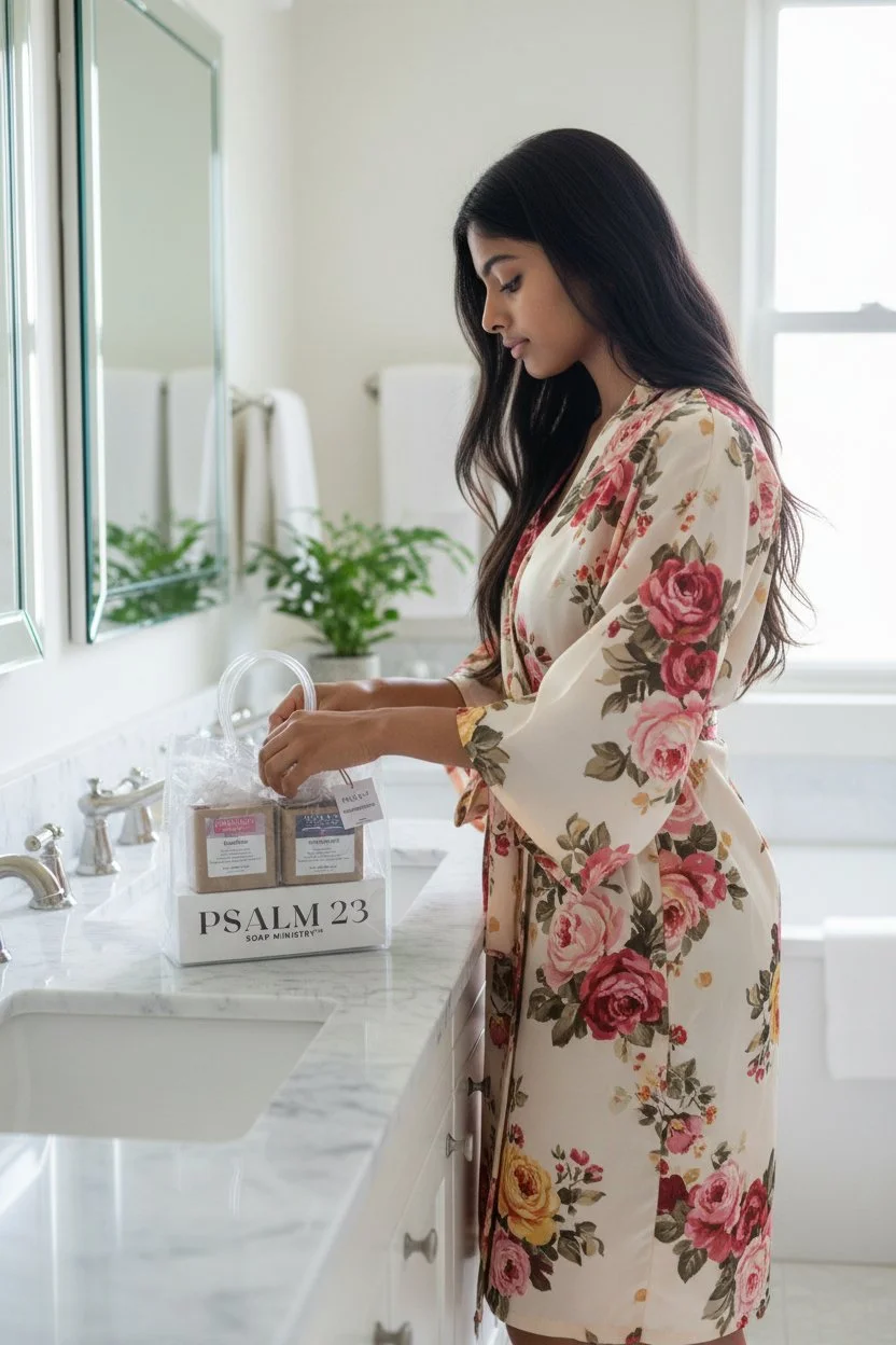 New Beginnings gift set on the bathroom counter