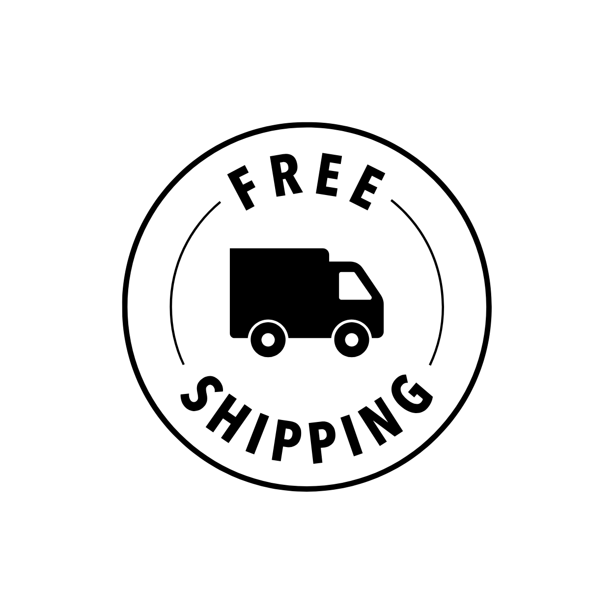 Black and white logo with a truck icon in the center, surrounded by the words "FREE SHIPPING" at the top and "SHIPPING" at the bottom.