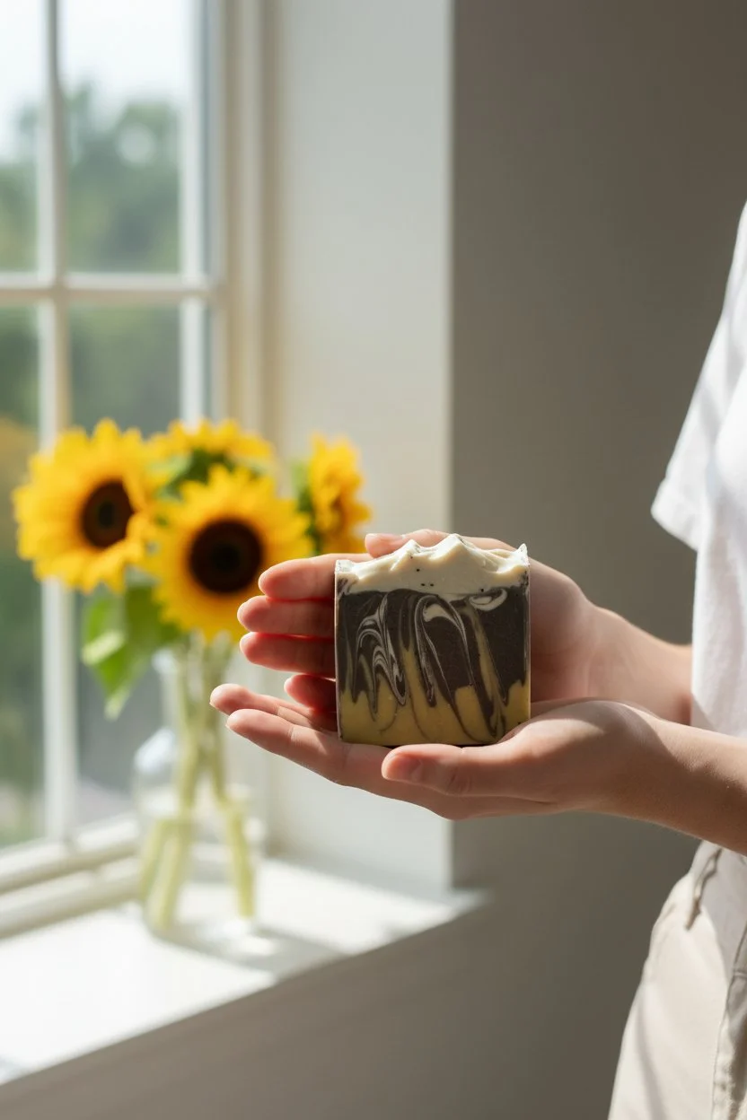 Silent Hope Sunflower Sandalwood beer soap bar in hand