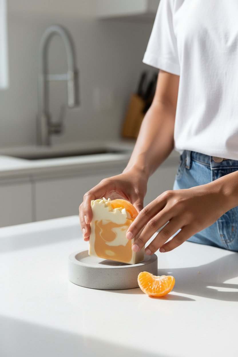 Overflow Satsuma Orange beer soap bar on counter near sink
