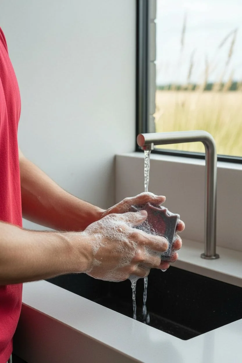 New Day Twilight Woods beer soap bar being used at sink