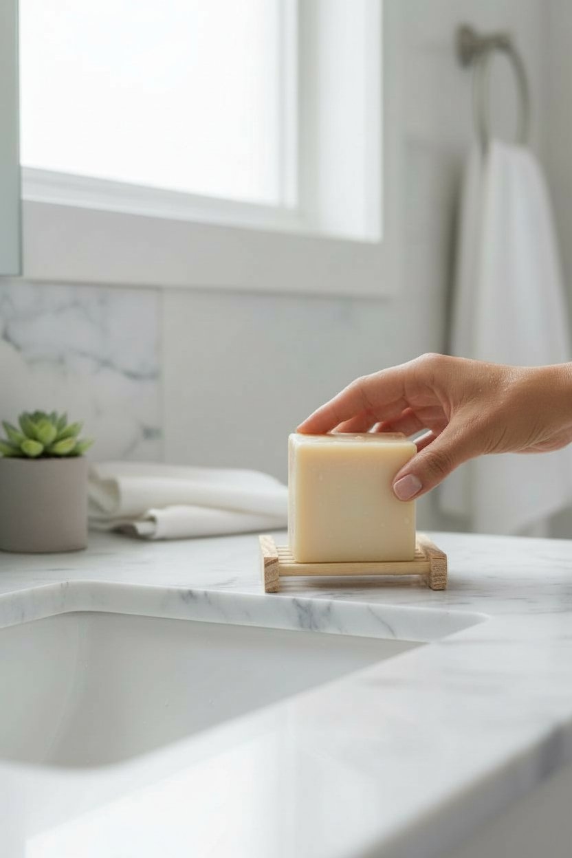 Solid Lotion Bar on bathroom counter