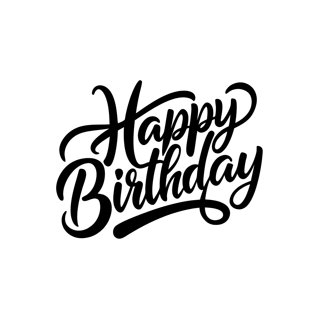 Black and white 'Happy Birthday' message in cursive script.