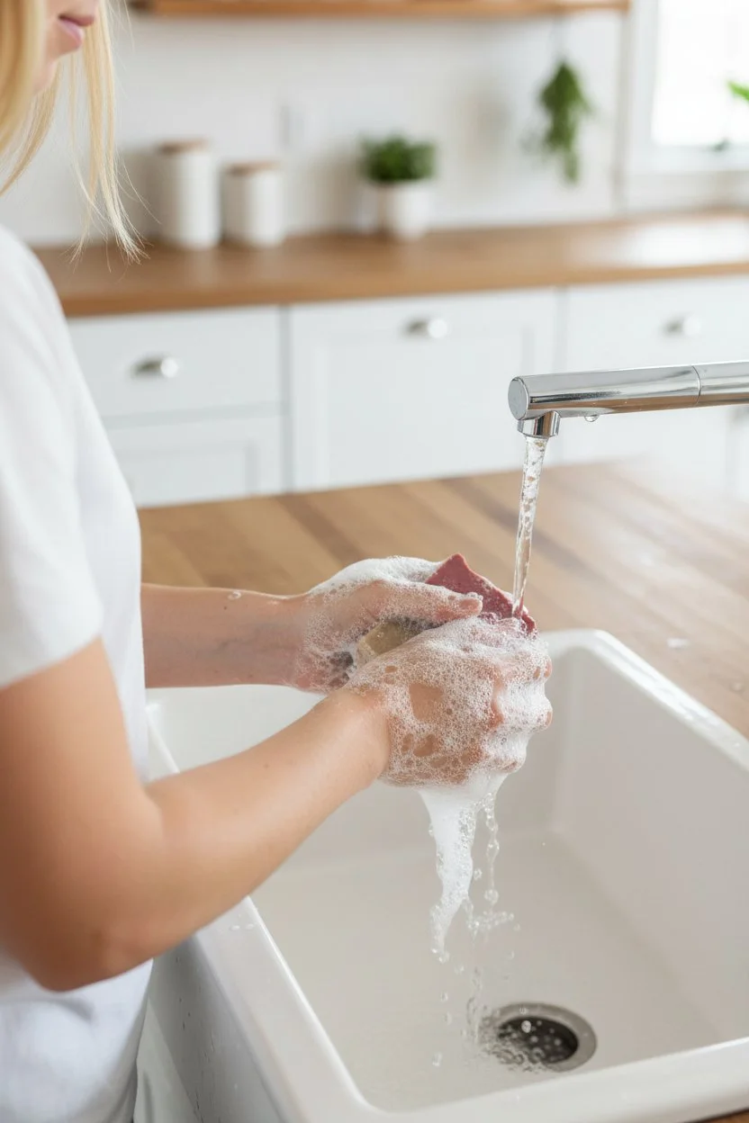 Divine Comfort Cherry Almond beer soap bar being used at sink