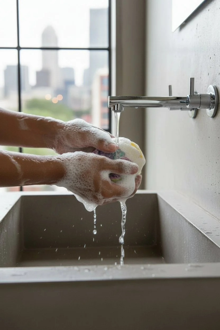 Revive Me Raspberry Lemonade beer soap bar being used at sink