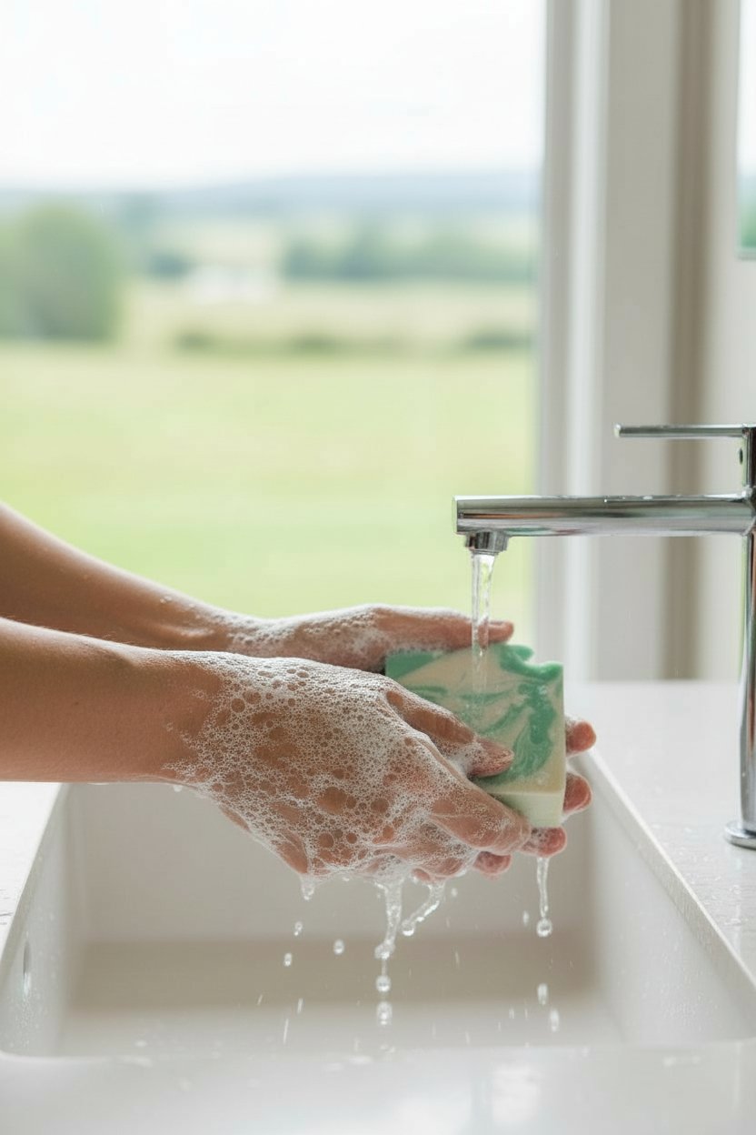 Heavenly Springs Irish Spring beer soap bar being used at sink