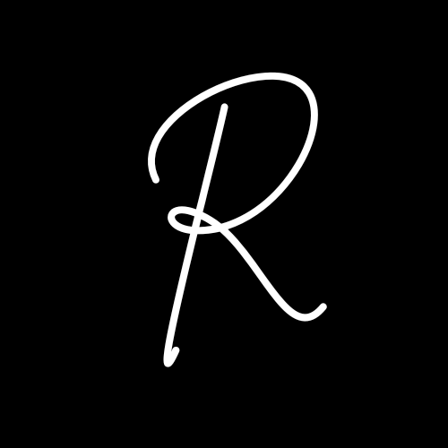 White cursive letter R on a black background.