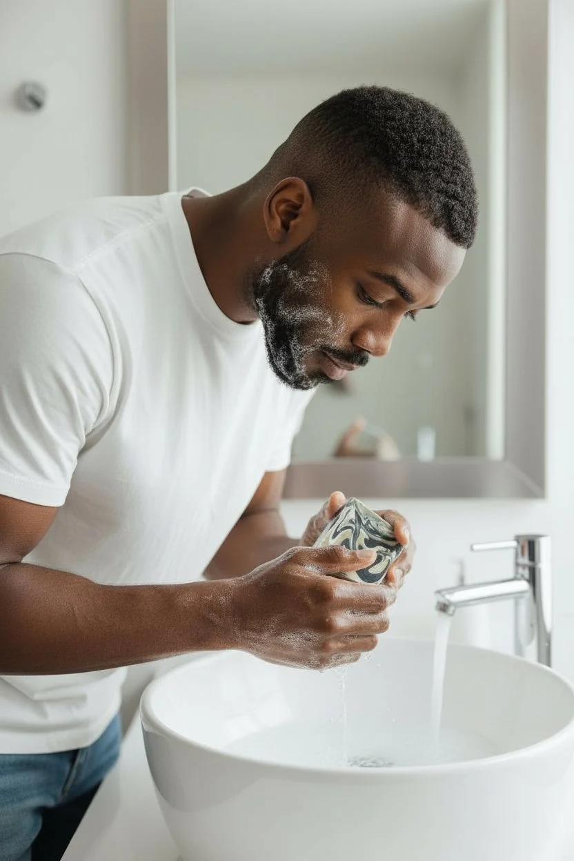 Trustworthy Turmeric Glow beer soap bar being used at sink